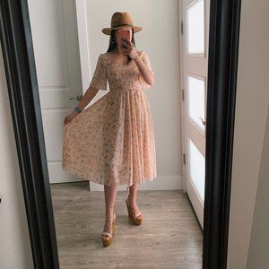 Boutique pale pink & floral midi smocked dress